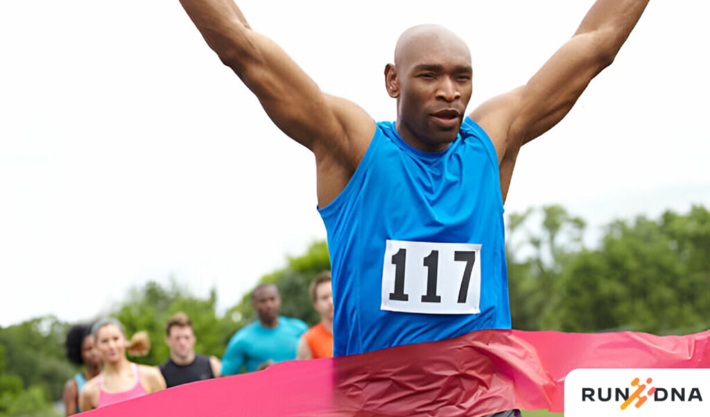 Inspirational image of a runner celebrating improved performance through strength training.